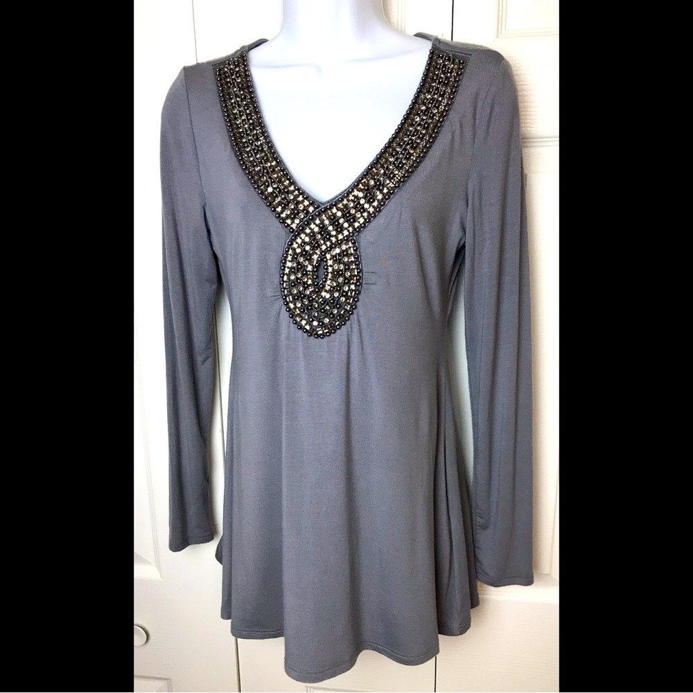 BOSTON PROPER Embellished Neckline Blouse Shirt Top Gray Necklace Rhinestones
